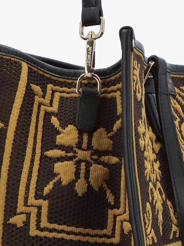 Brown & Mustard Embossed Crochet & Leather Tote Bag