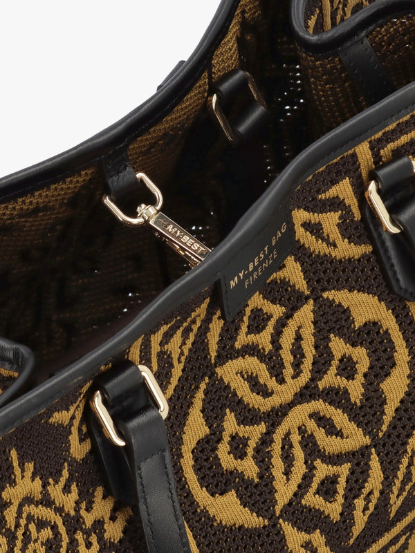 Brown & Mustard Embossed Crochet & Leather Tote Bag