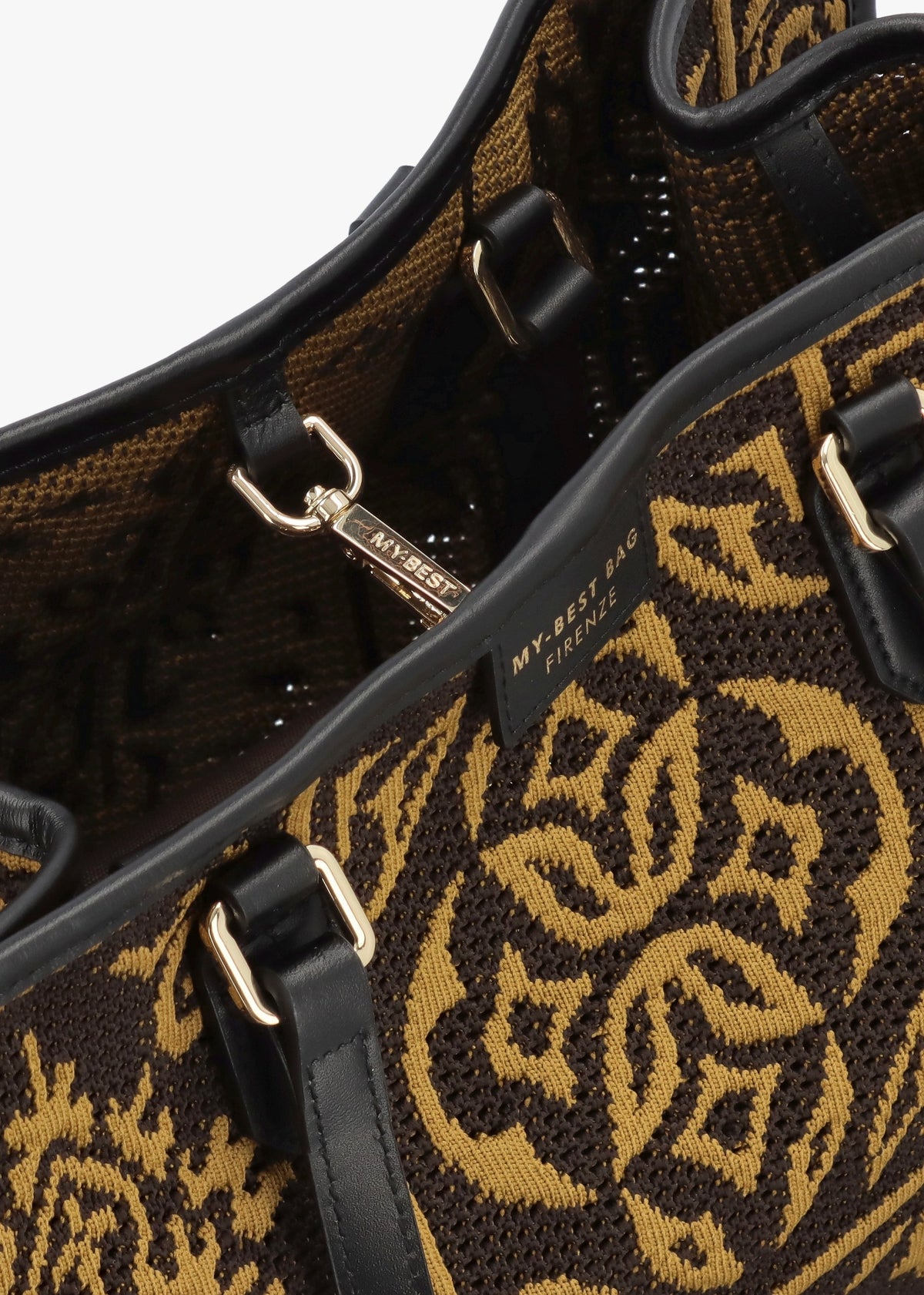 Brown & Mustard Embossed Crochet & Leather Tote Bag