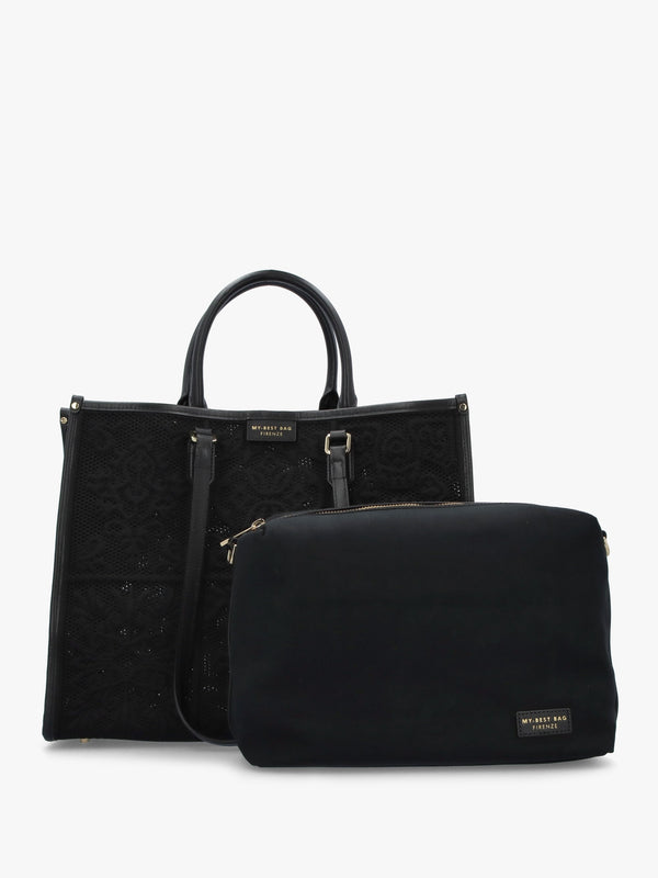 Black Embossed Crochet & Leather Tote Bag