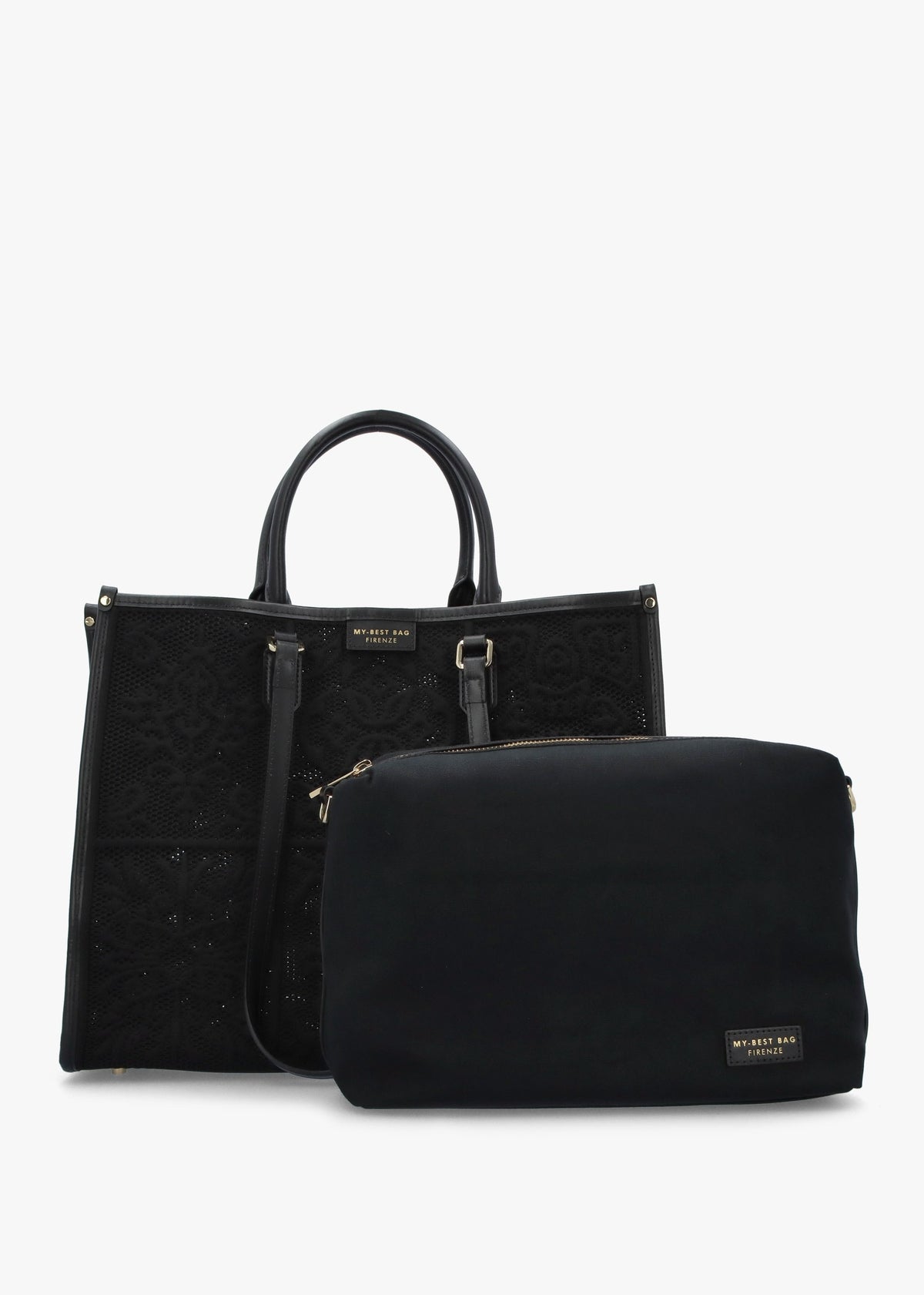 Black Embossed Crochet & Leather Tote Bag