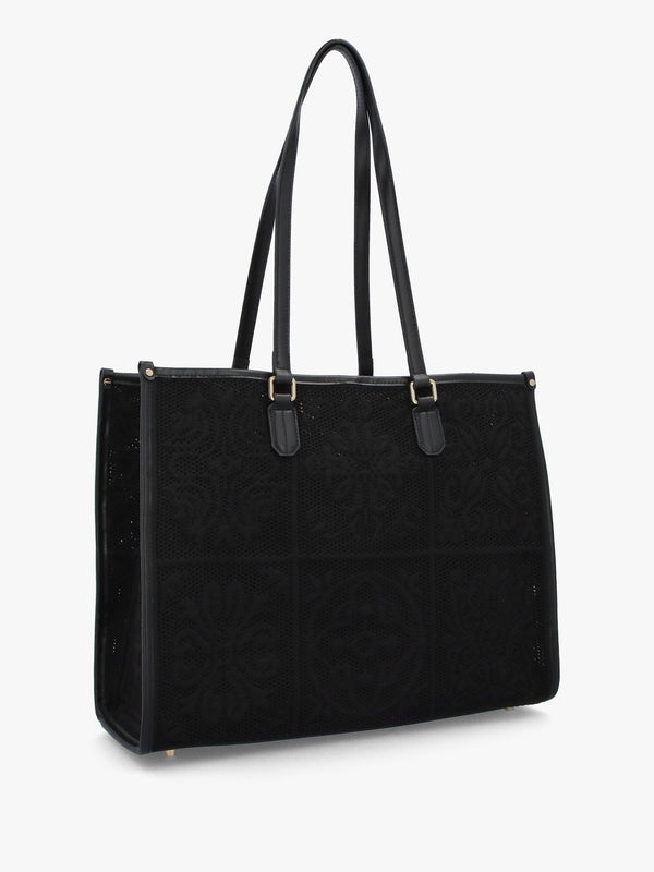 Black Embossed Crochet & Leather Tote Bag