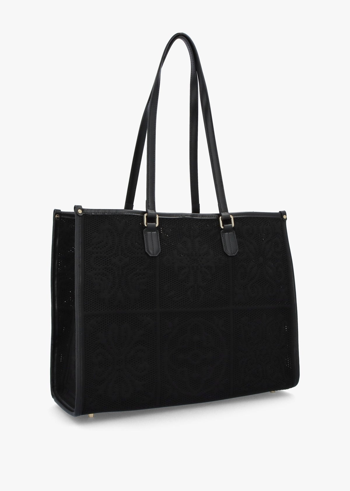 Black Embossed Crochet & Leather Tote Bag