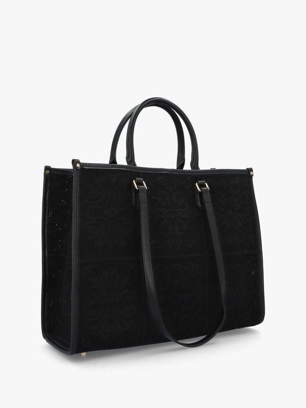Black Embossed Crochet & Leather Tote Bag