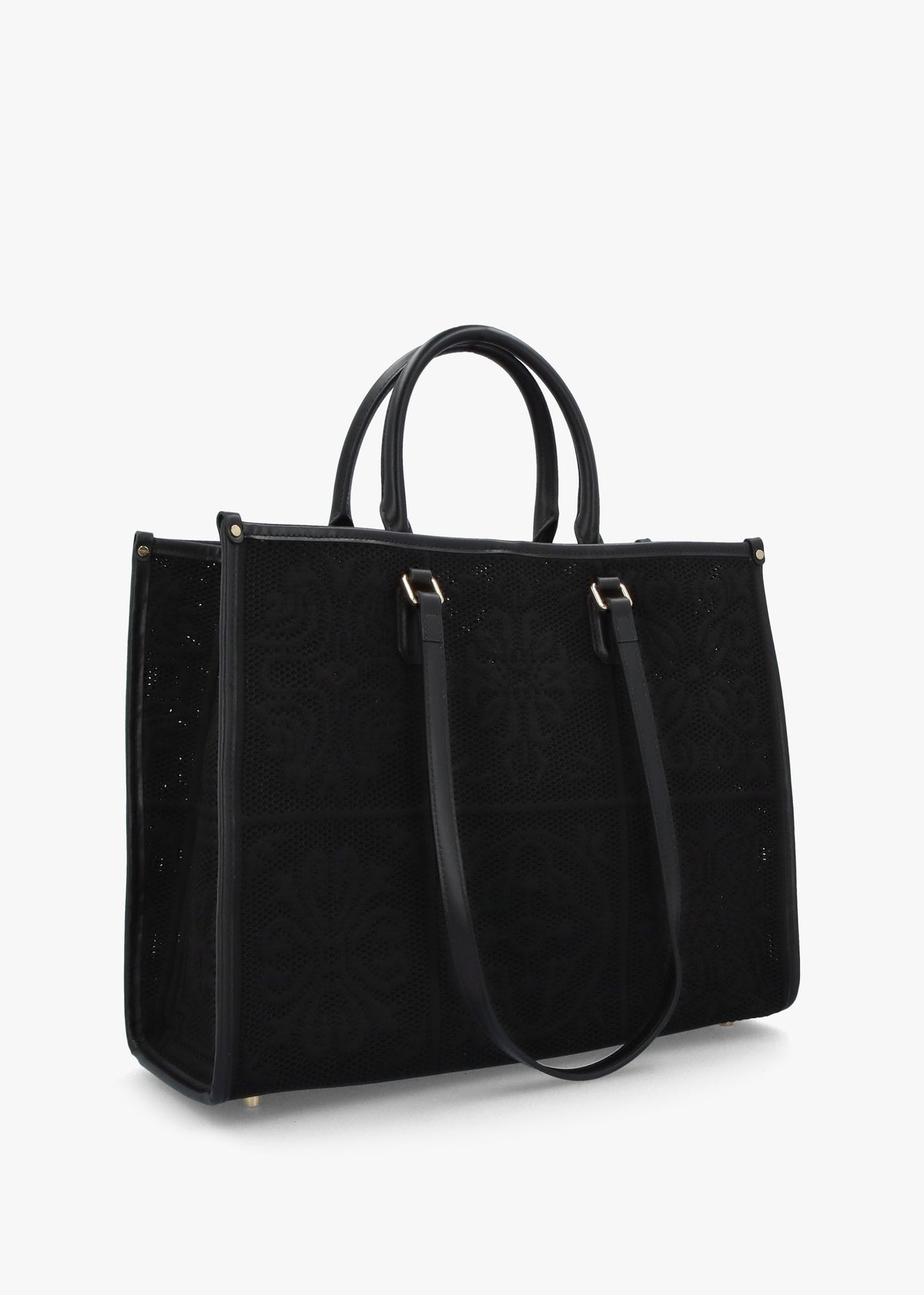 Black Embossed Crochet & Leather Tote Bag
