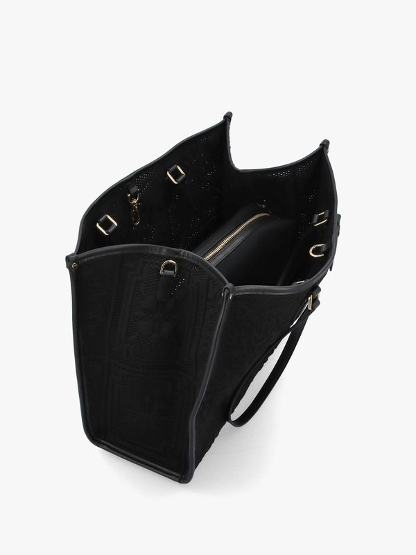 Black Embossed Crochet & Leather Tote Bag
