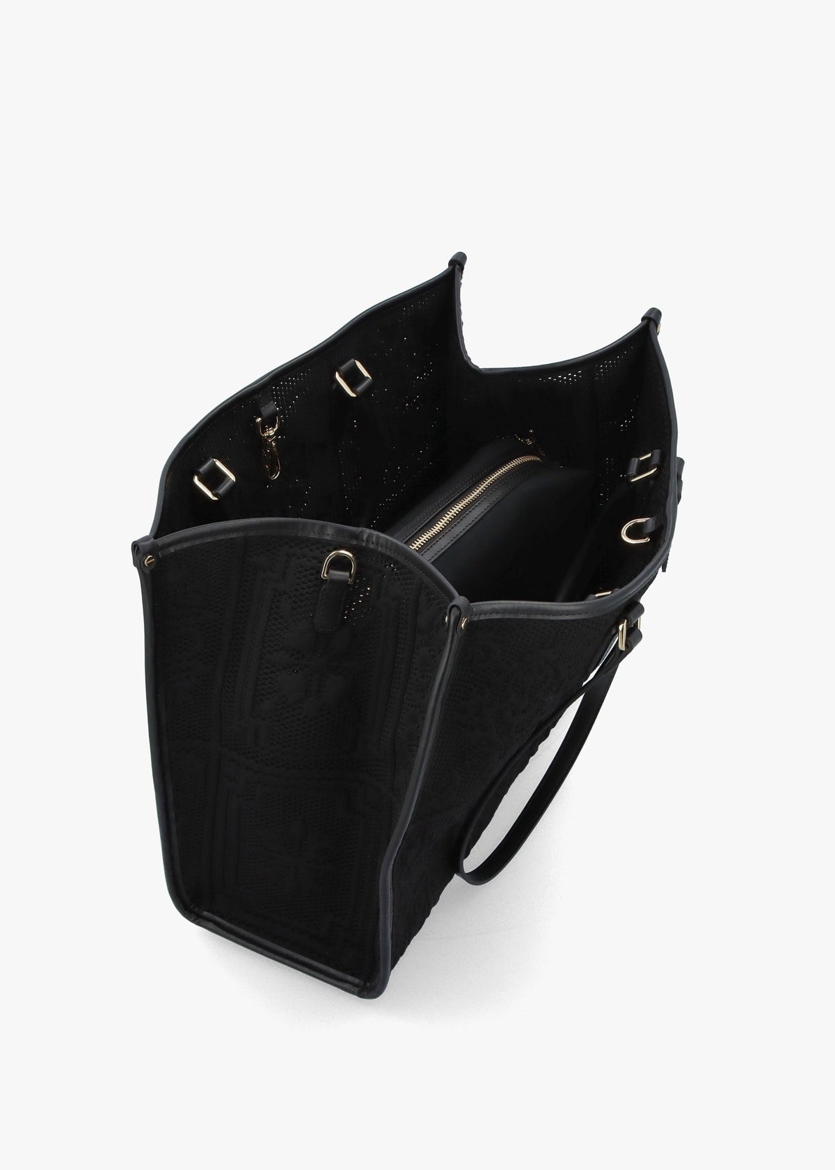 Black Embossed Crochet & Leather Tote Bag