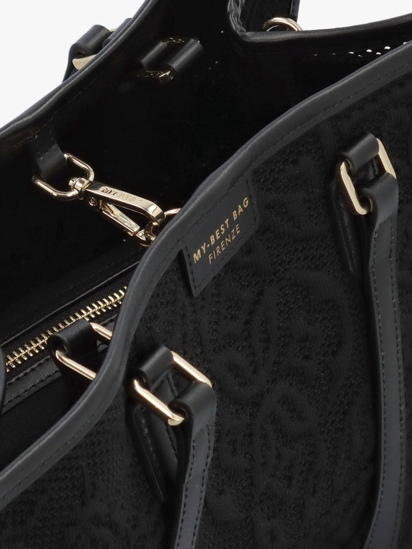 Black Embossed Crochet & Leather Tote Bag