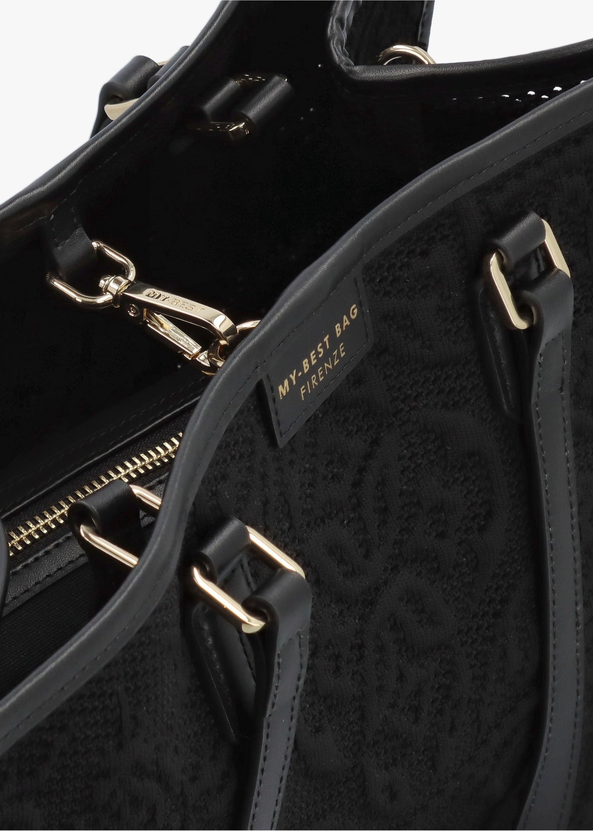 Black Embossed Crochet & Leather Tote Bag