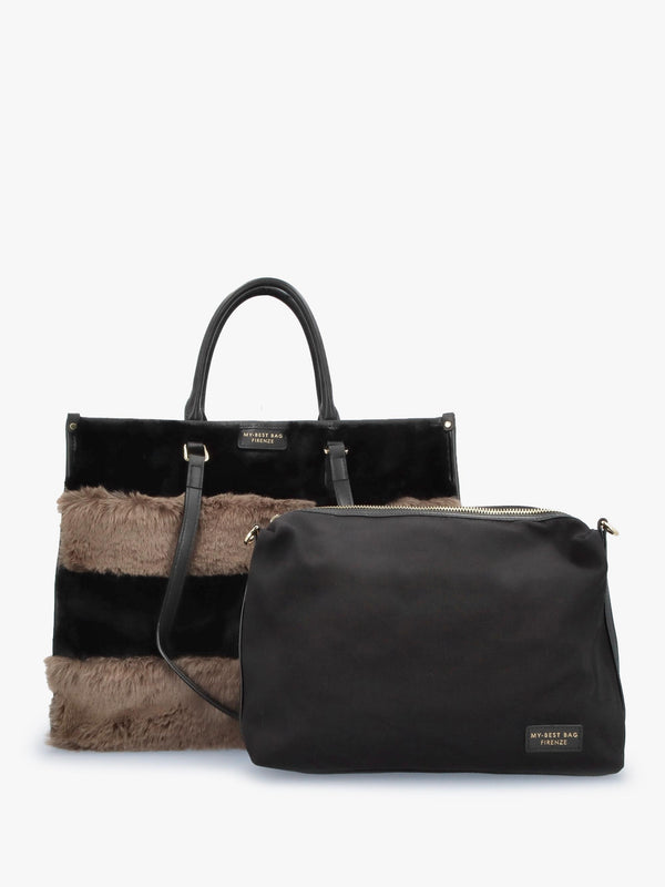 Multicoloured Faux Fur & Leather Tote Bag