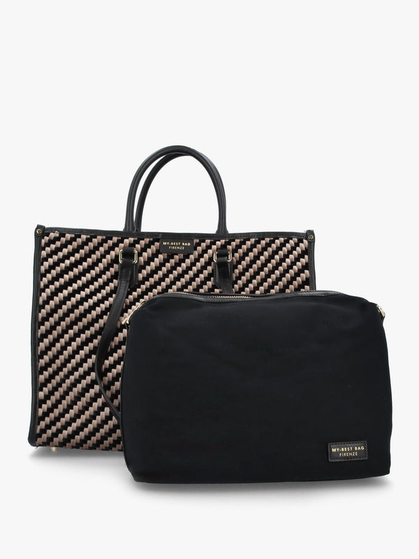 Multicoloured Woven Velvet & Leather Tote Bag