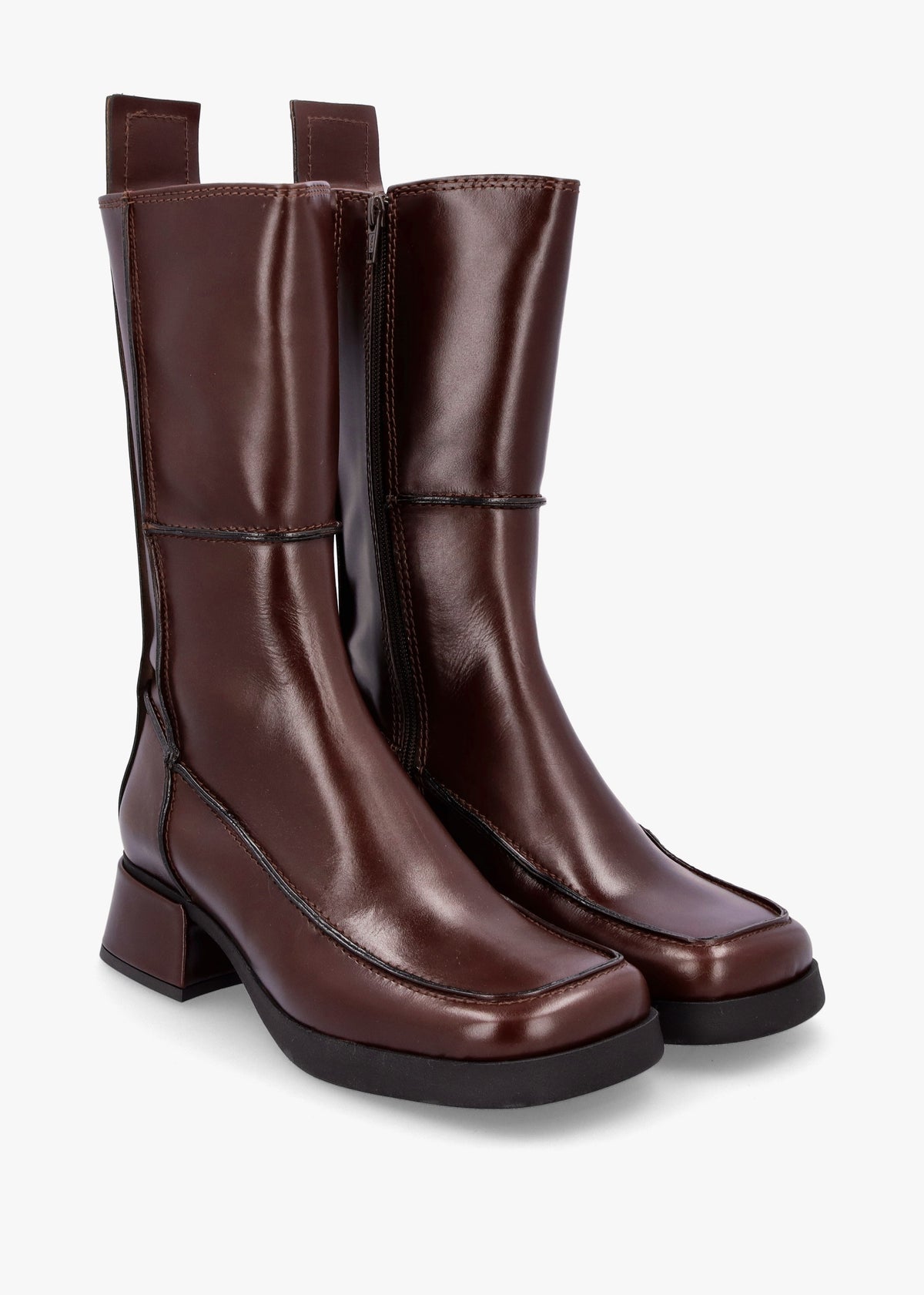 Alzira Brown Black Leather Mid-Calf Boots