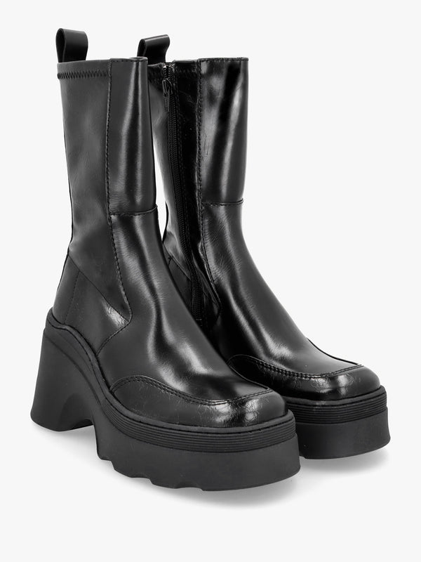 Deandra Black Leather Chunky Calf Boots