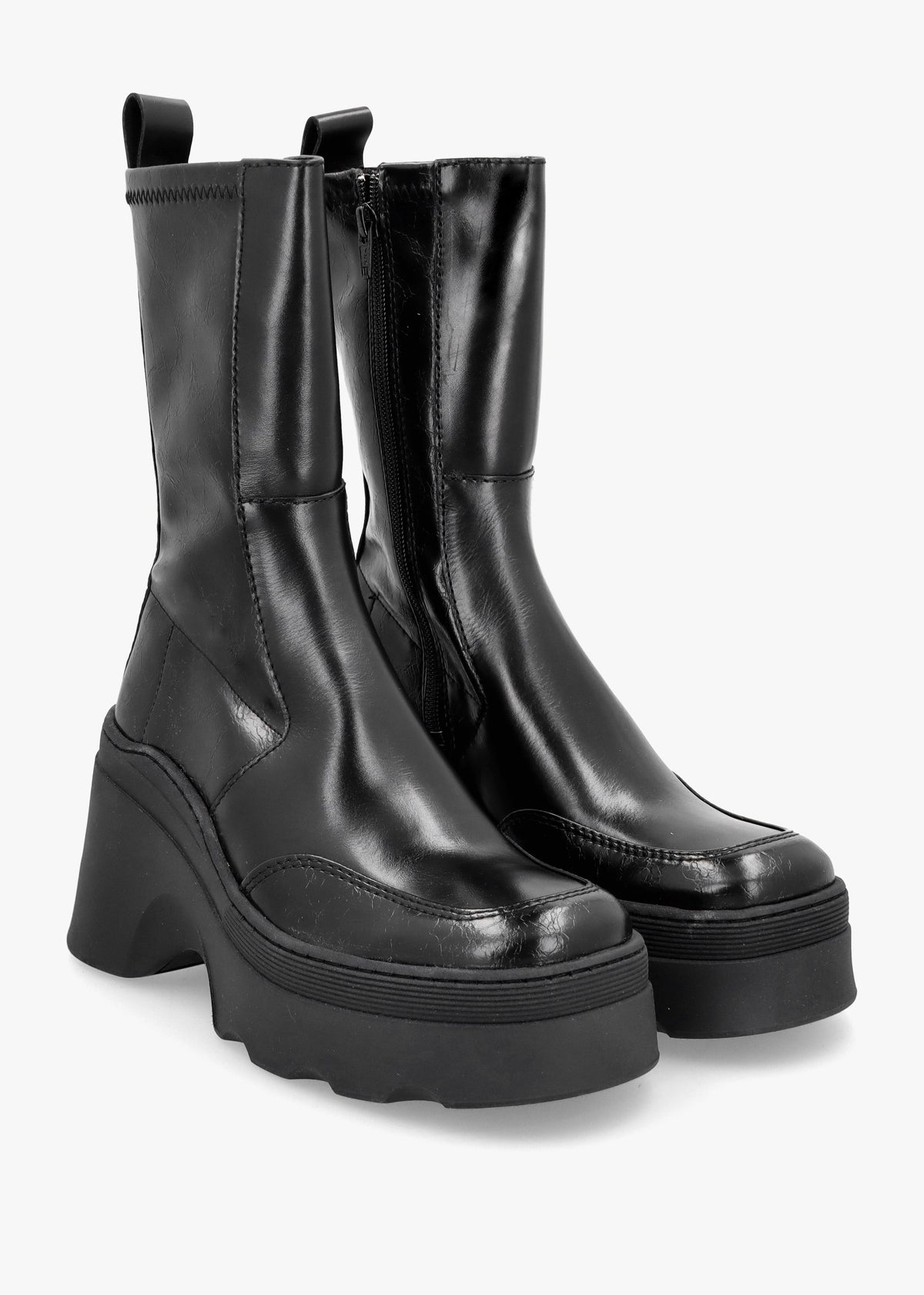 Deandra Black Leather Chunky Calf Boots