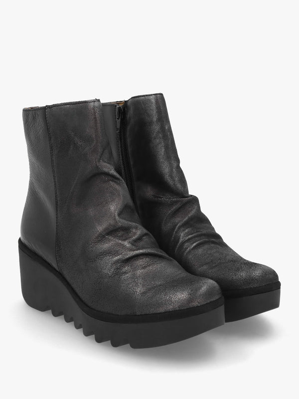 Baan Black & Silver Leather Wedge Ankle Boots