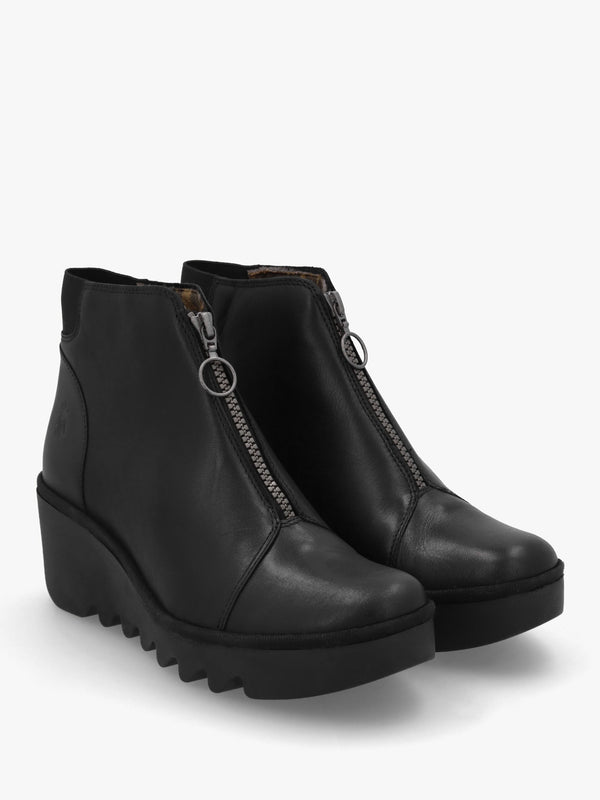 Baaz Black Leather Front Zip Wedge Ankle Boots