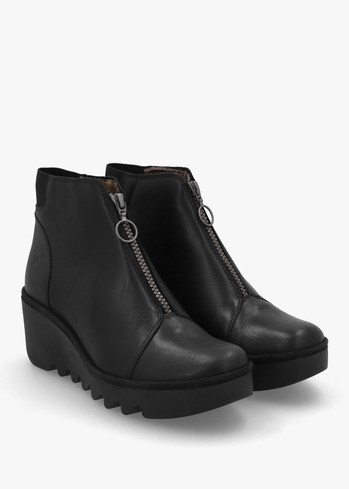 Baaz Black Leather Front Zip Wedge Ankle Boots