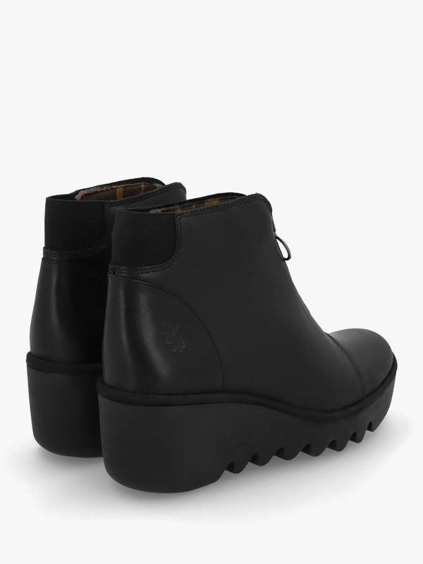 Baaz Black Leather Front Zip Wedge Ankle Boots
