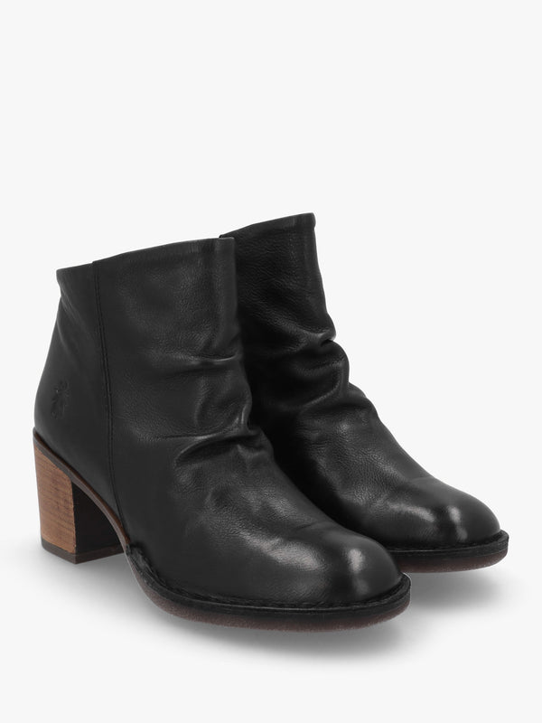 Bell Black Leather Block Heel Ankle Boots