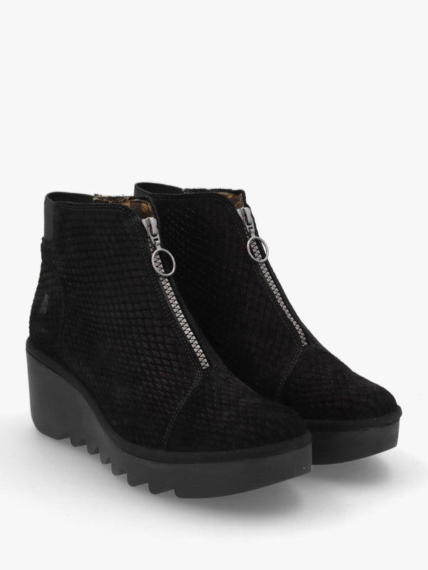 Baaz Black Reptile Suede Front Zip Wedge Ankle Boots