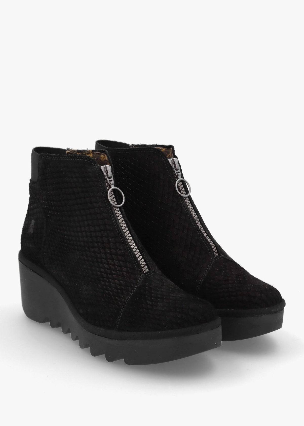 Baaz Black Reptile Suede Front Zip Wedge Ankle Boots
