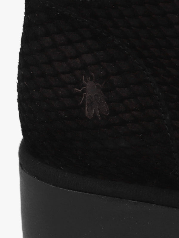 Baaz Black Reptile Suede Front Zip Wedge Ankle Boots
