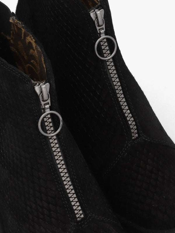 Baaz Black Reptile Suede Front Zip Wedge Ankle Boots