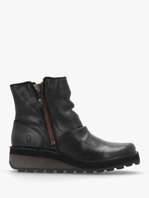 Hole Black Leather Low Wedge Ankle Boots