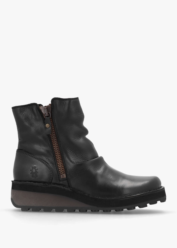 Hole Black Leather Low Wedge Ankle Boots