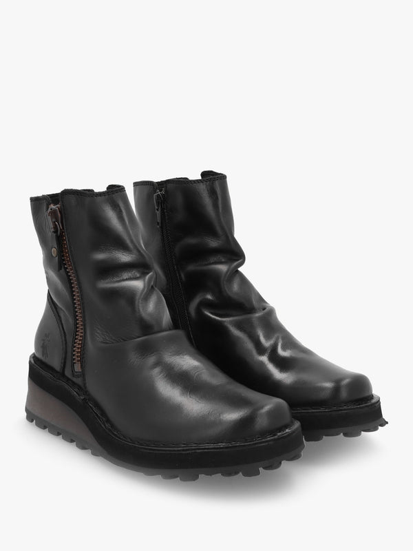 Hole Black Leather Low Wedge Ankle Boots
