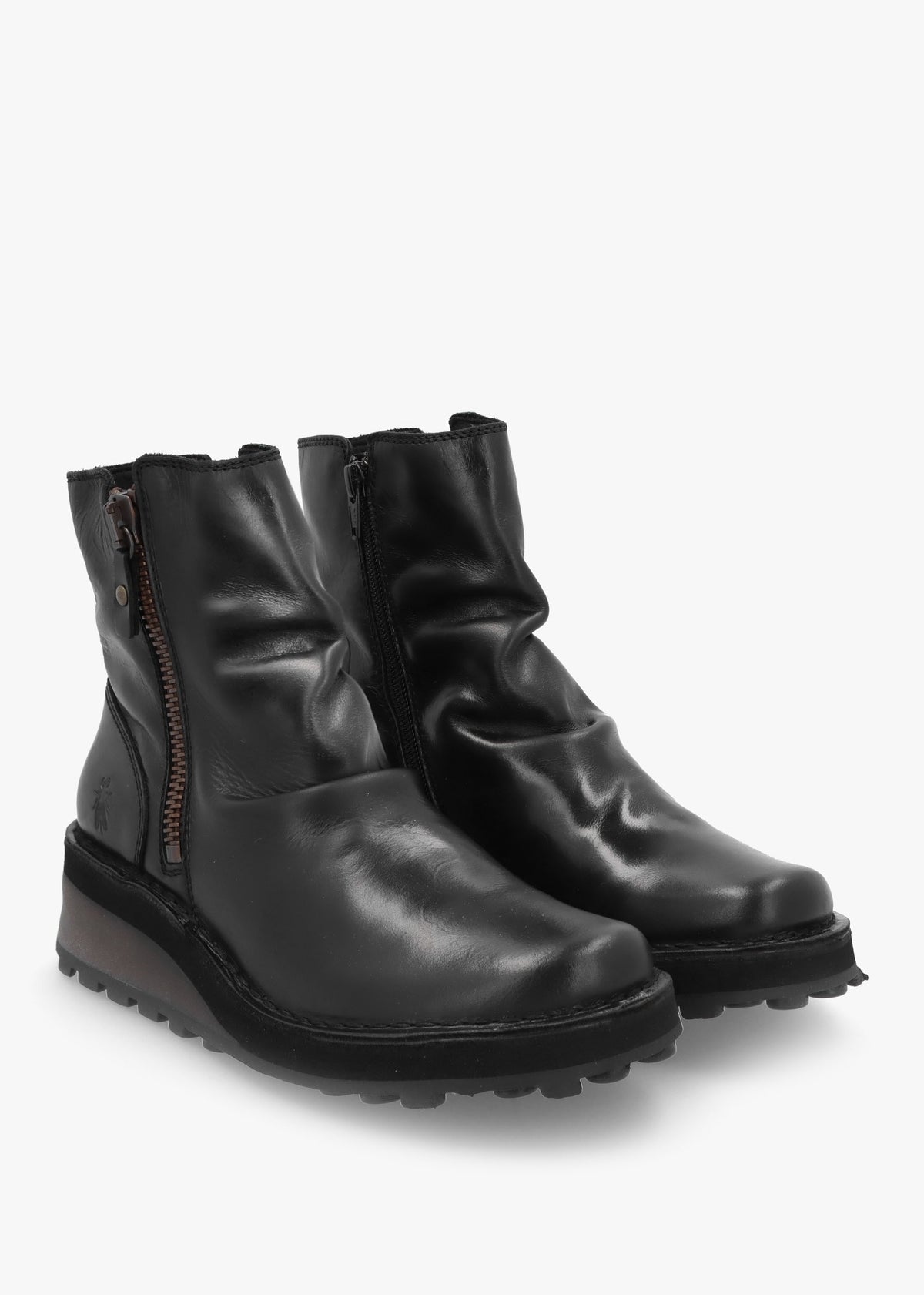 Hole Black Leather Low Wedge Ankle Boots