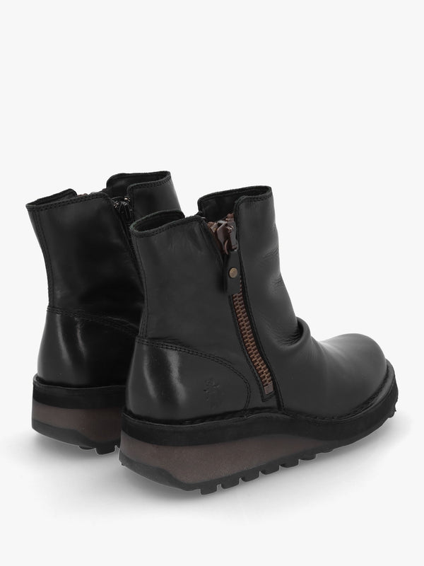 Hole Black Leather Low Wedge Ankle Boots
