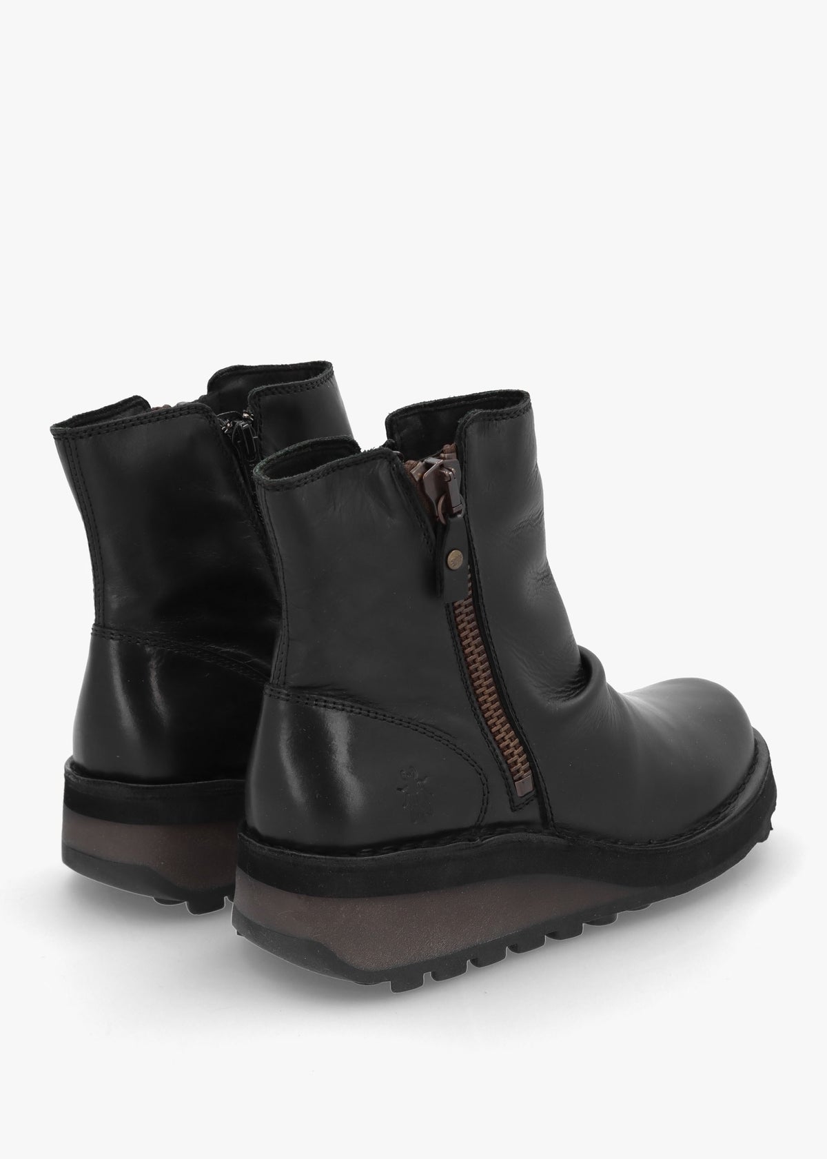 Hole Black Leather Low Wedge Ankle Boots