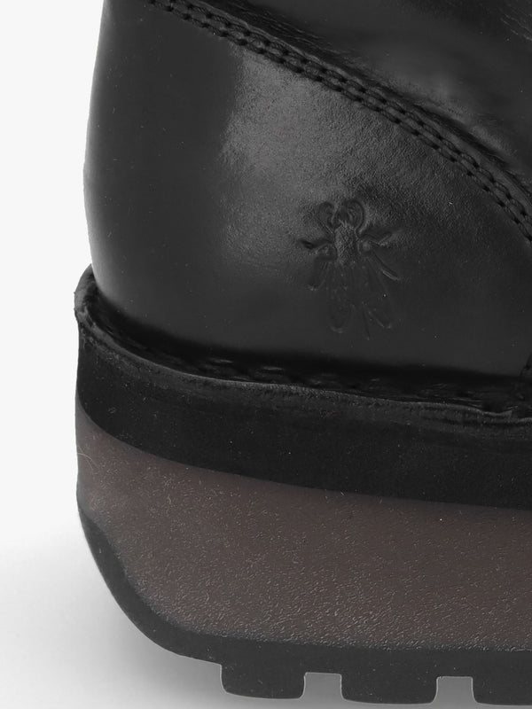 Hole Black Leather Low Wedge Ankle Boots