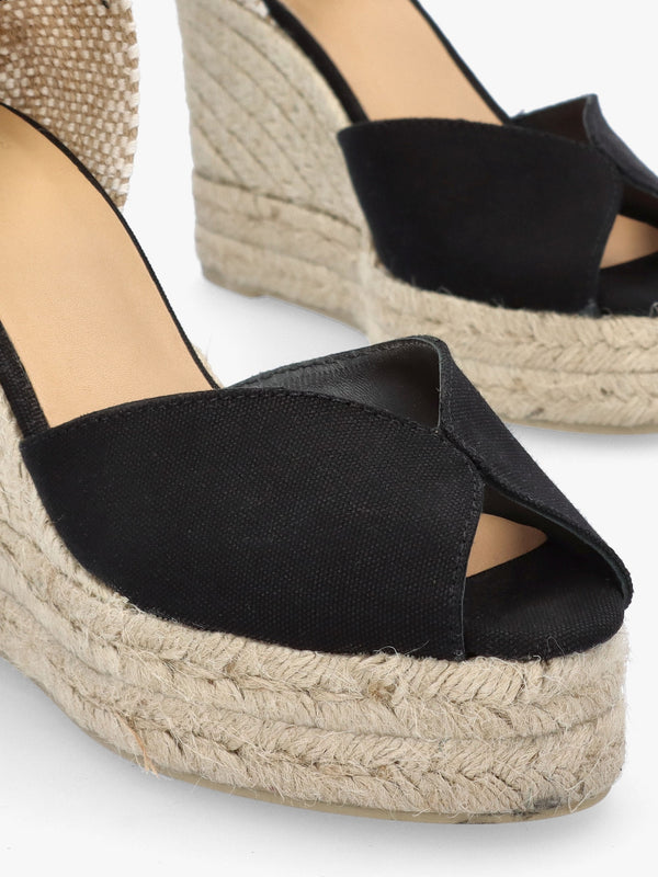 Bianca Black High Wedge Peep Toe Espadrilles