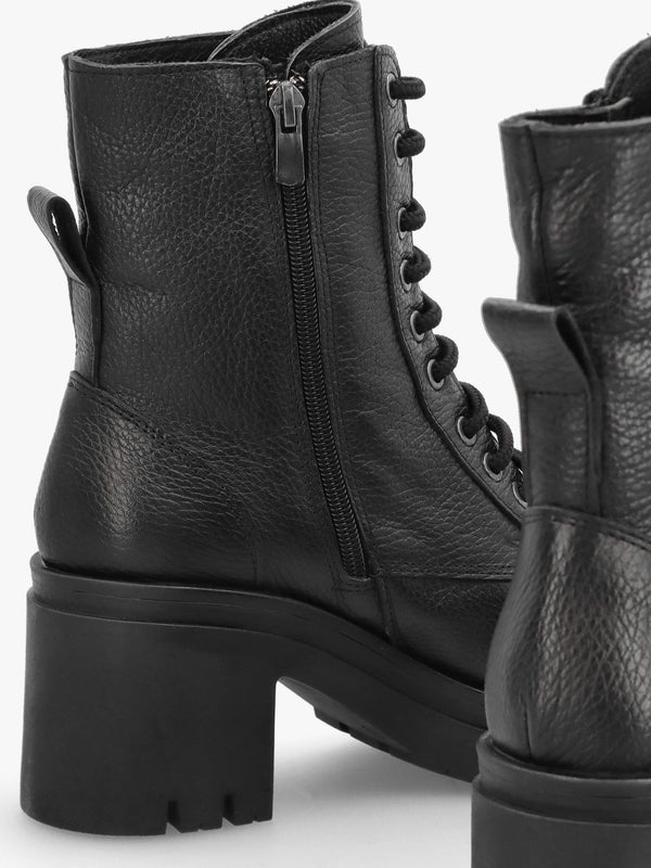 Bella Black Leather Block Heel Ankle Boots