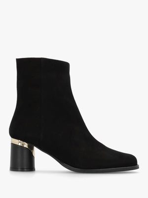 Penelope Black Suede Gold Trim Heeled Ankle Boots