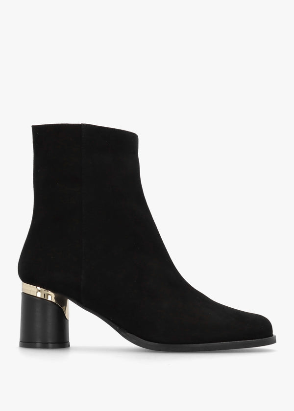 Penelope Black Suede Gold Trim Heeled Ankle Boots