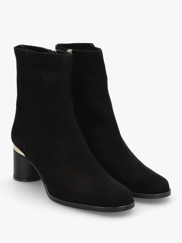 Penelope Black Suede Gold Trim Heeled Ankle Boots