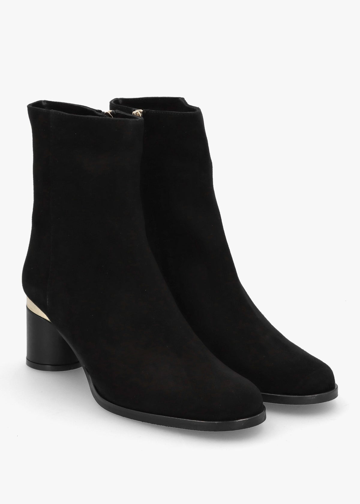 Penelope Black Suede Gold Trim Heeled Ankle Boots