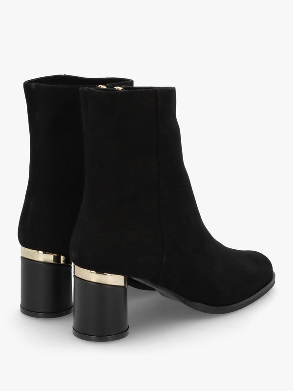 Penelope Black Suede Gold Trim Heeled Ankle Boots