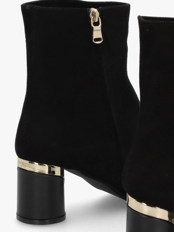 Penelope Black Suede Gold Trim Heeled Ankle Boots
