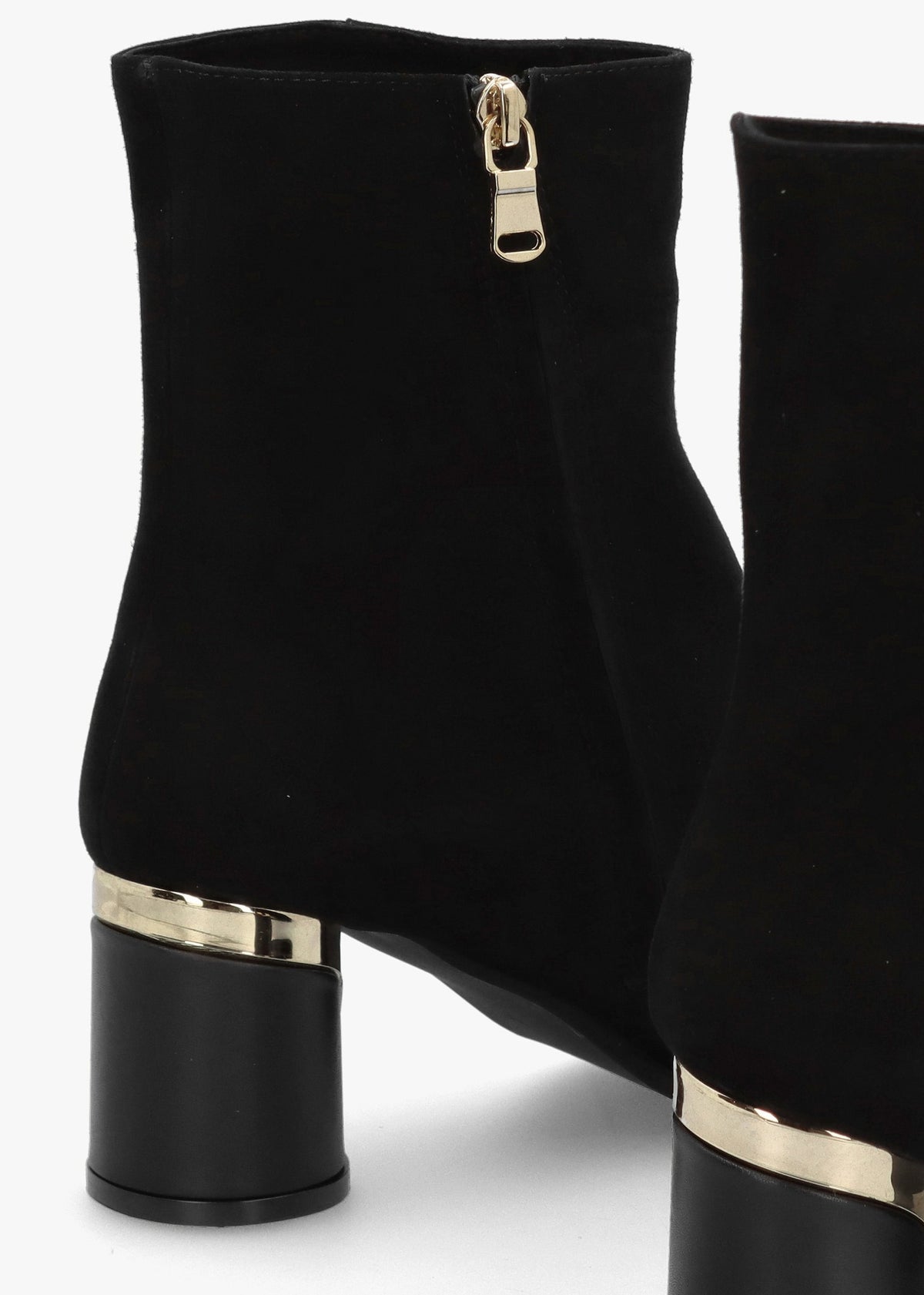 Penelope Black Suede Gold Trim Heeled Ankle Boots
