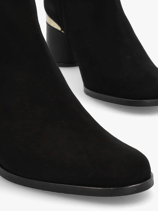 Penelope Black Suede Gold Trim Heeled Ankle Boots