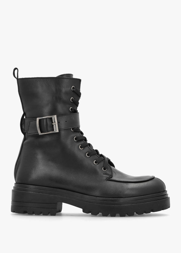 Boman Black Leather Lace Up Biker Boots