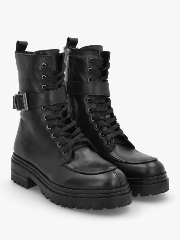 Boman Black Leather Lace Up Biker Boots