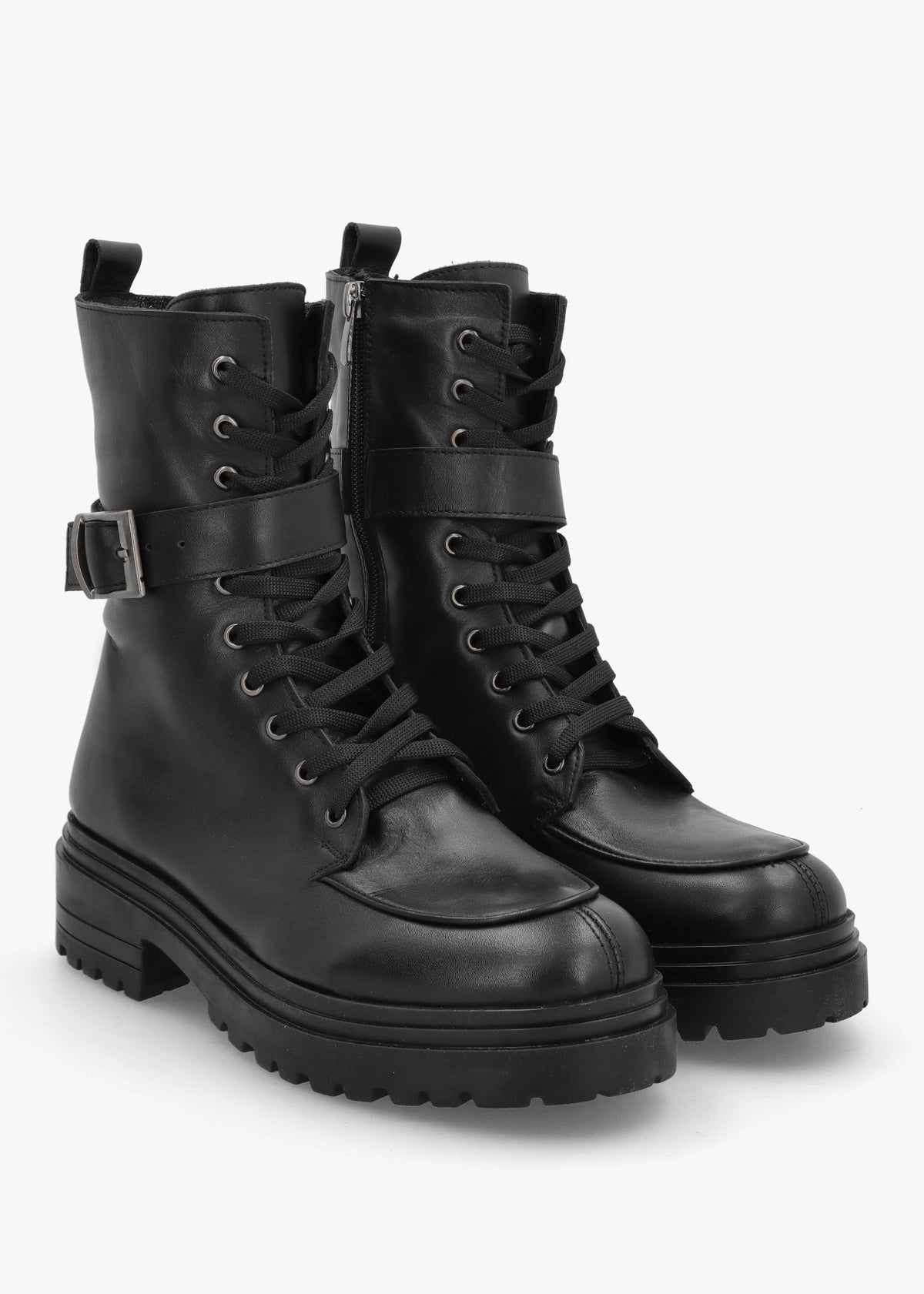Boman Black Leather Lace Up Biker Boots