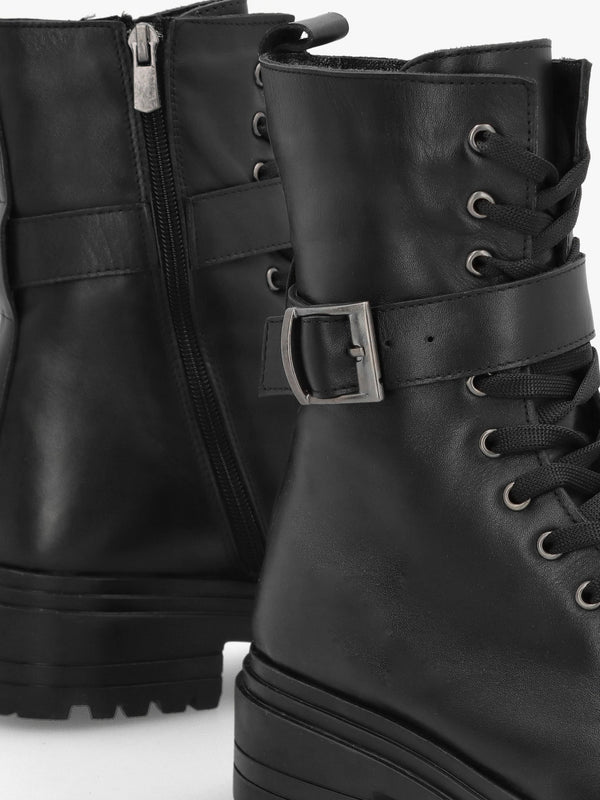 Boman Black Leather Lace Up Biker Boots