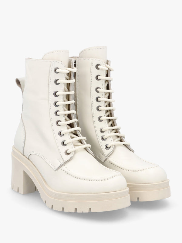 Bella White Leather Block Heel Ankle Boots