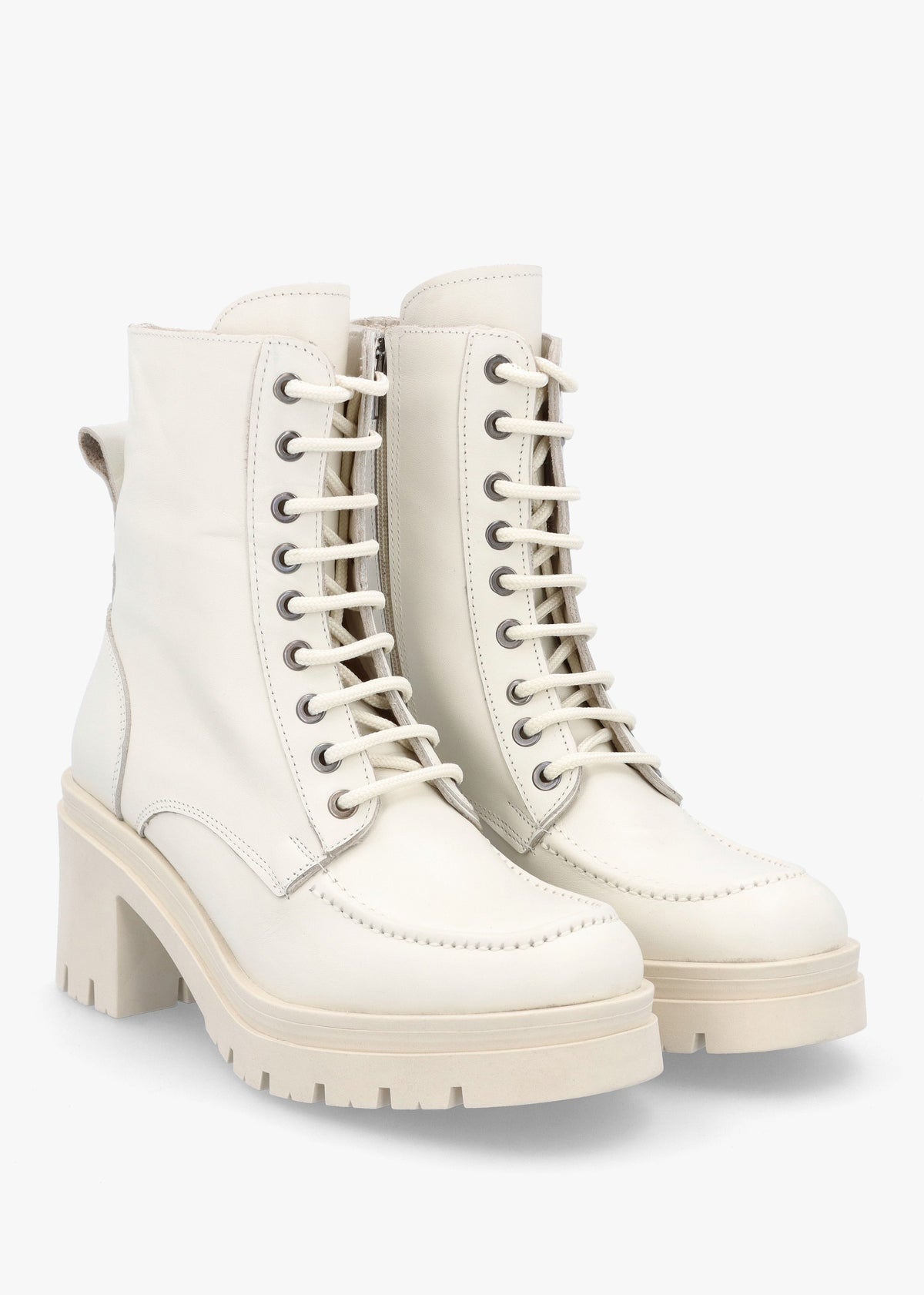 Bella White Leather Block Heel Ankle Boots